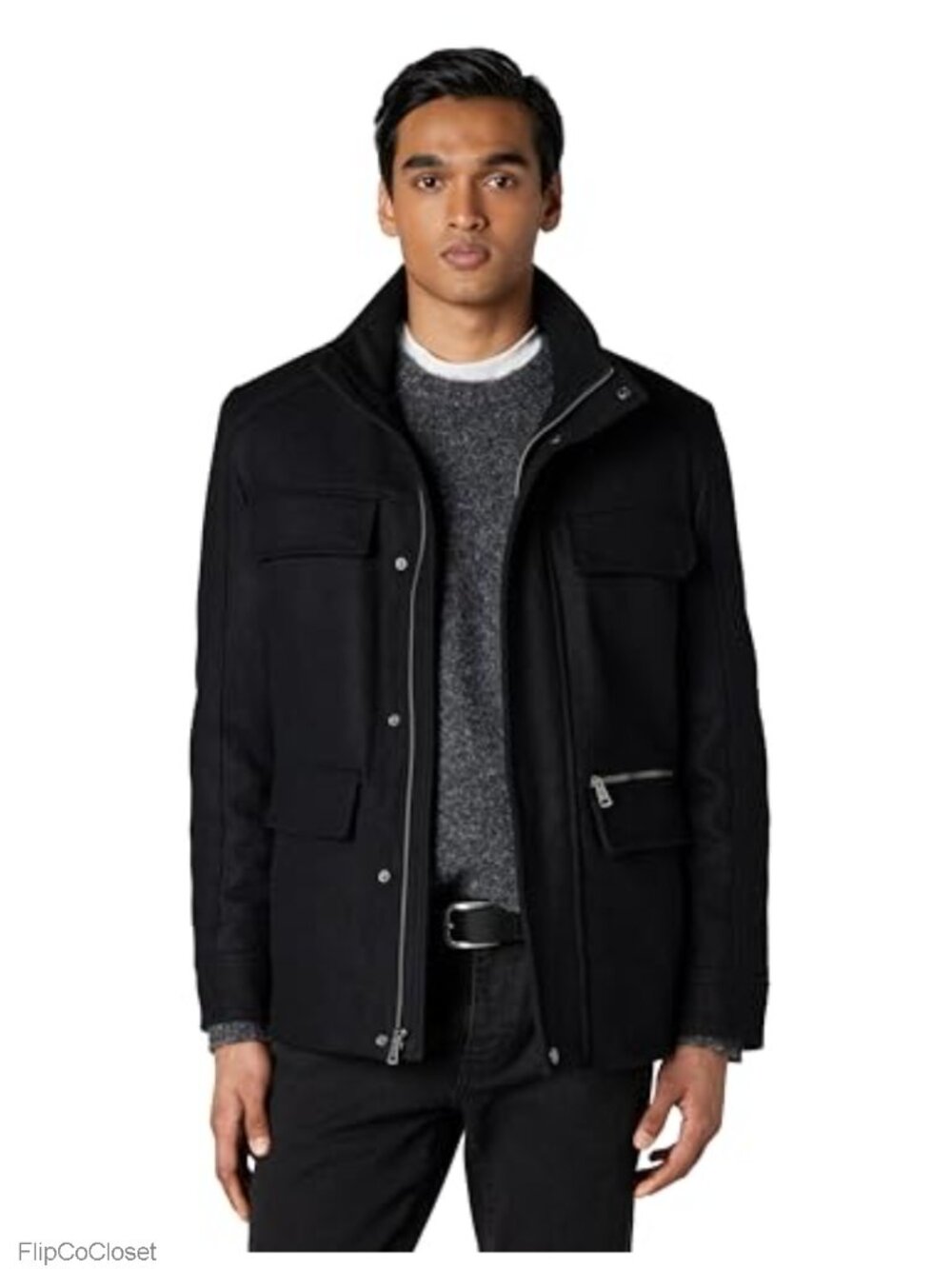 Wool Blend Field Multi-Pocket Coat Notch Collar Straight Fit
